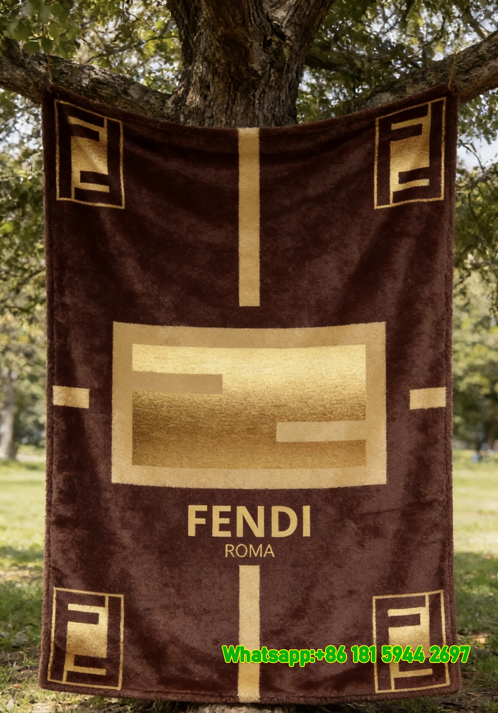 Fendi Roma Gold FF Monogram Flannel Sofa Throw Blanket IMG_9411